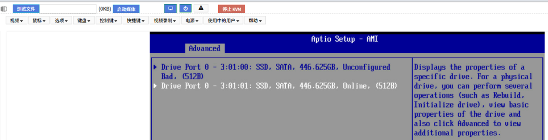 RAID 卡视角——同一端口两块盘：一块 Unconfigured Bad，一块 Online